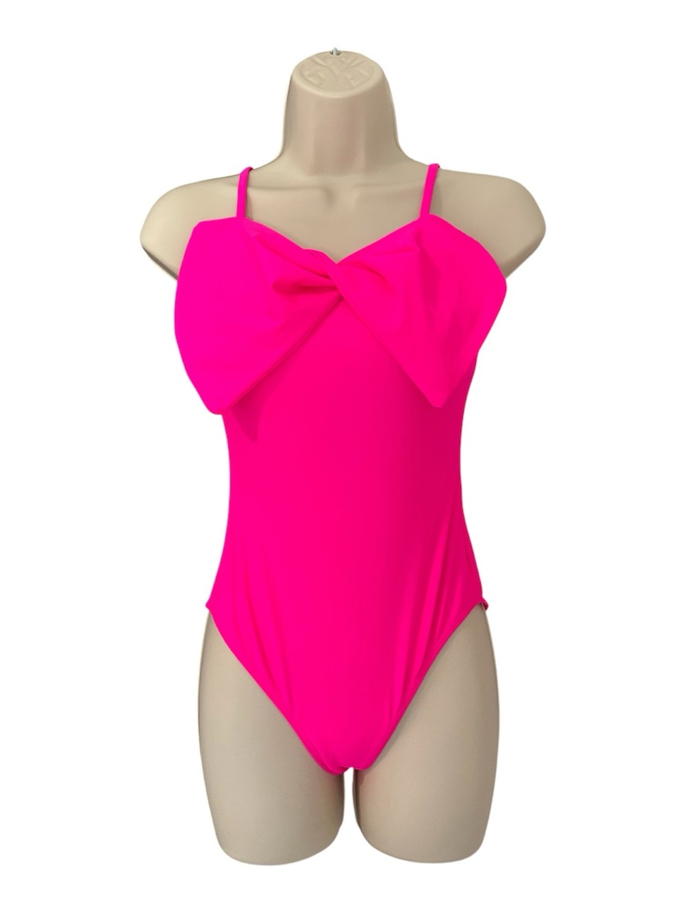 Womens Neon Pink Bow Front One Piece Swimsuit Adjustable Straps Size Small Beach